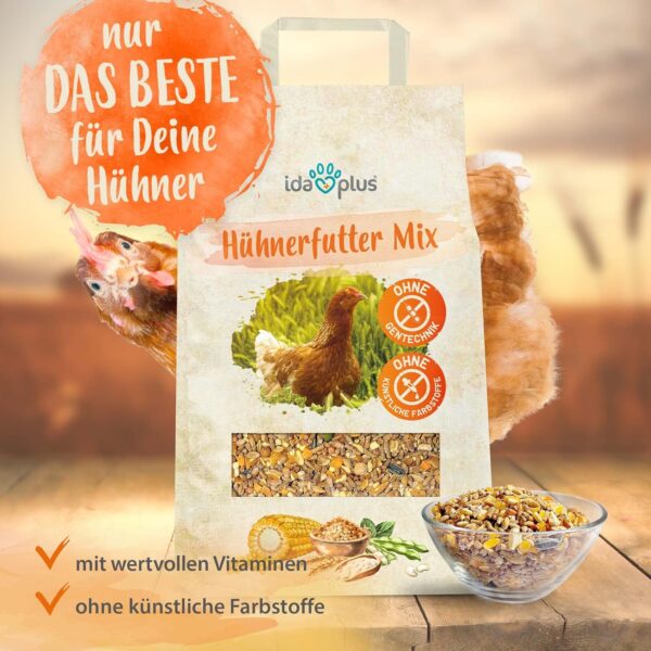 Ida Plus - Hühnerfutter Mix - Ausgewogenes Hühner Alleinfutter - 5 Kg - OHNE GENTECHNIK - Enthält Calcium und Vitamine - Ganzjahresmischung - Bestens für Futterautomaten geeignet – Bild 3