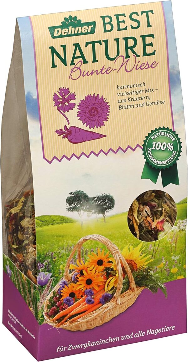 Dehner Best Nature Nagersnack, Nagerfutter 100 % natürlich, für Zwergkaninchen / Nager, Mix aus Kräutern / Blüten / Gemüse, 175 g